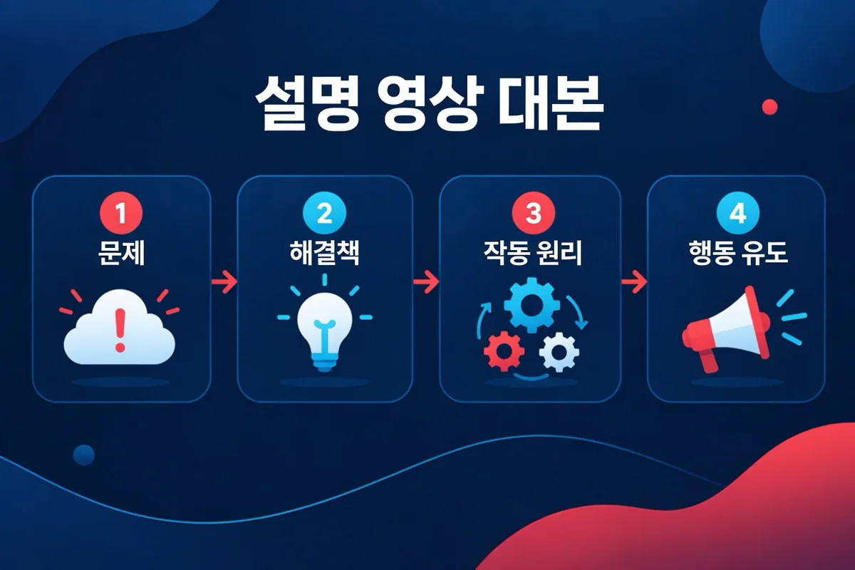 문제, 해결책, 작동 원리, 행동 유도로 나누는 설명 영상 대본의 네 부분 구성입니다.