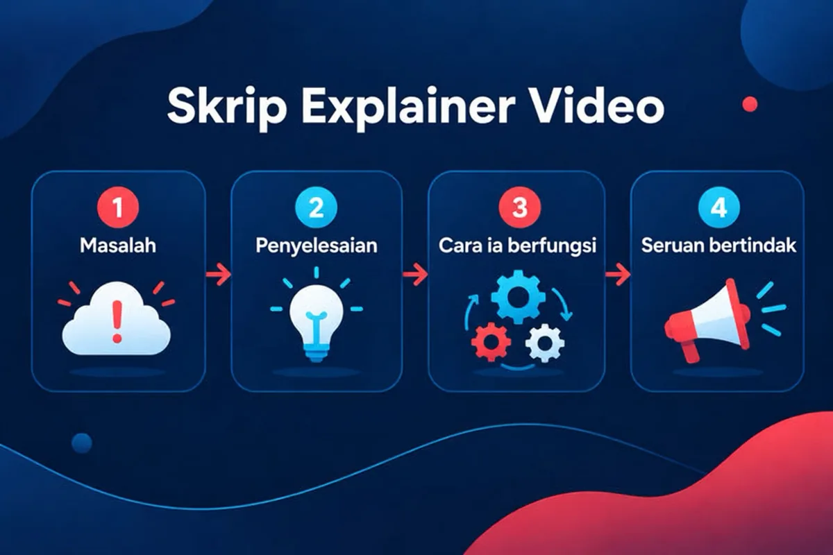 Struktur skrip explainer video empat bahagian: masalah, penyelesaian, cara ia berfungsi dan seruan bertindak.