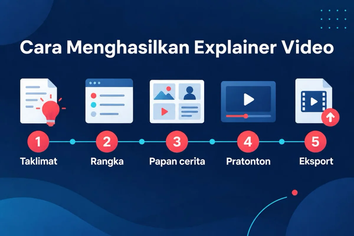 Proses lima langkah untuk menghasilkan explainer video: pilih topik, semak rangka, sunting papan cerita, tetapkan suara dan format, kemudian pratonton dan eksport.