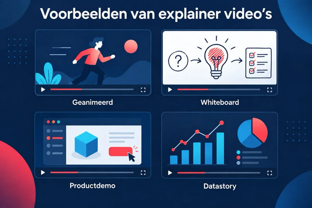 Een raster met voorbeelden van explainer video's in verschillende visuele stijlen: geanimeerde scènes, een reeks in whiteboardstijl, een wandeling door een scherm en een grafiekscène.