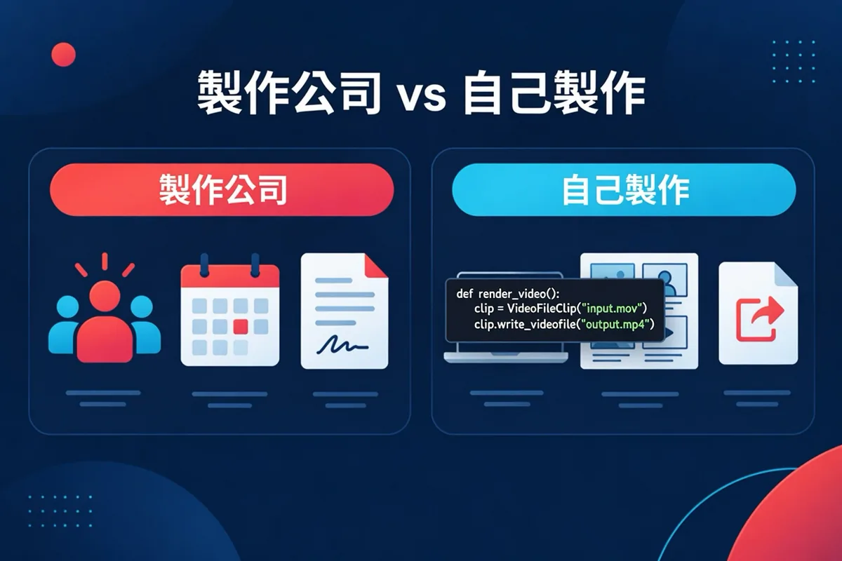 兩種解說影片製作方式並排比較：委託製作公司，以及使用自助工具自己製作。