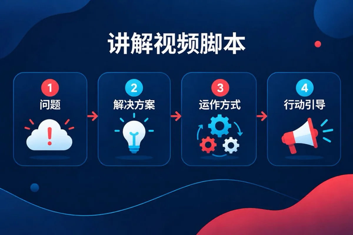 讲解视频的四段式脚本结构：问题、解决方案、运作方式和行动引导。
