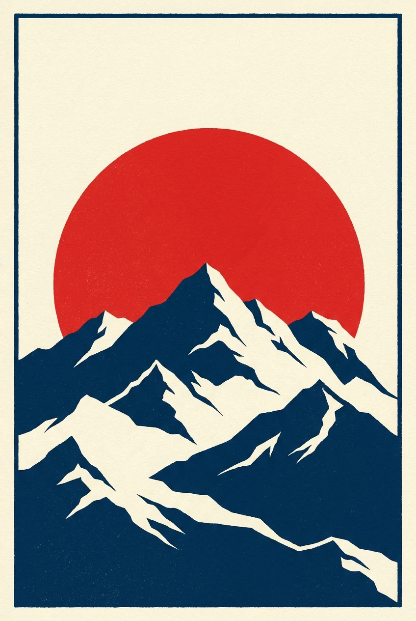 Poster of a red sun over navy snow mountains in a limited palette with a thin cream border