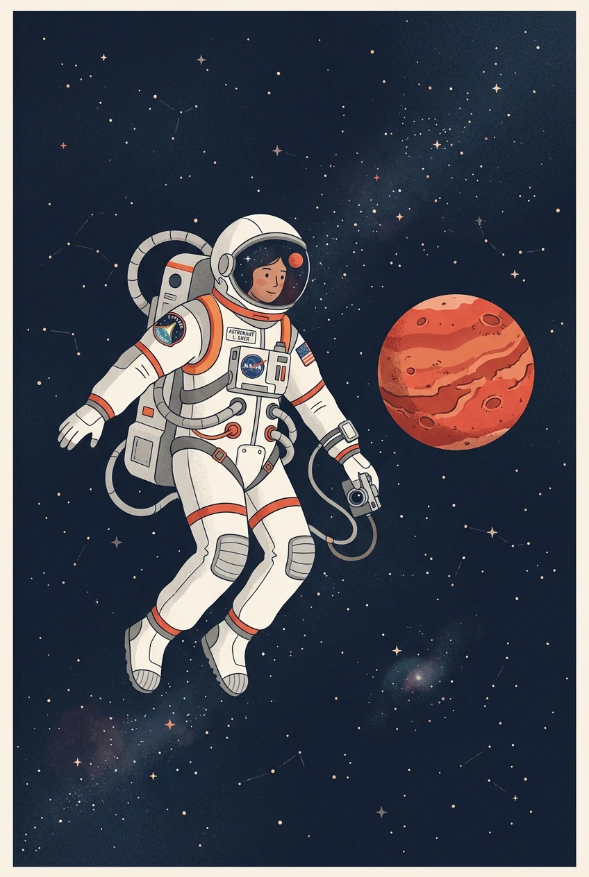 An astronaut drifting beside a red planet in an illustration