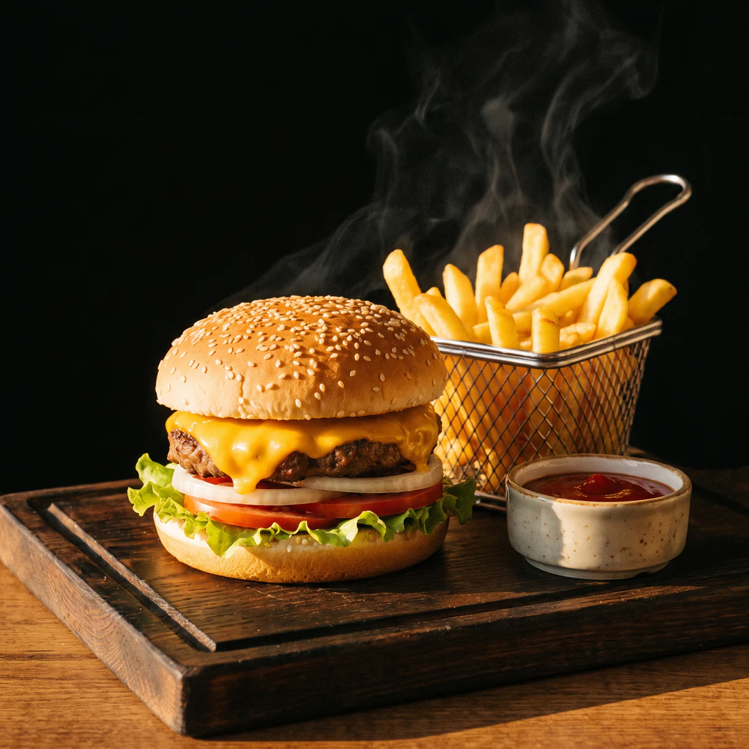 Cheeseburger with fries and ketchup on a dark wooden board