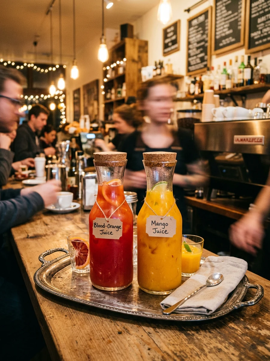 Two glass carafes labelled Blood-Orange Juice and Mango Juice on a silver tray at a busy cafe counter