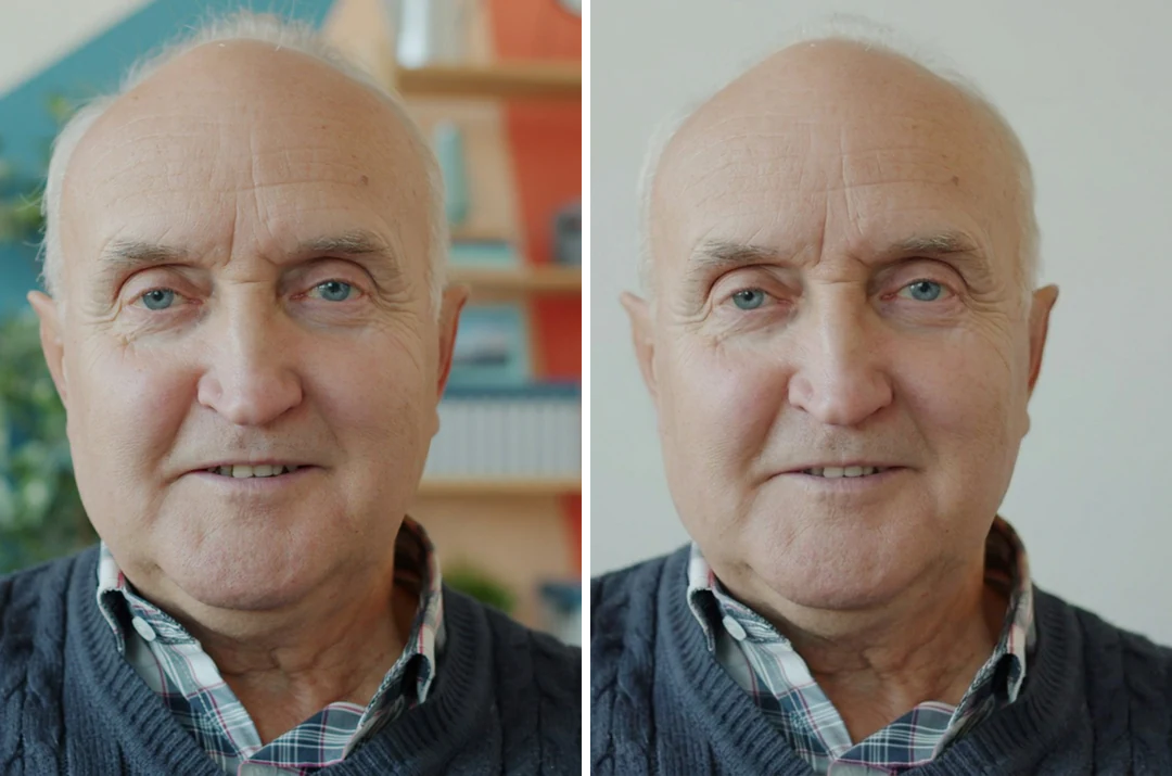 Portrait in a busy room beside the same portrait in front of a plain wall after an AI photo edit