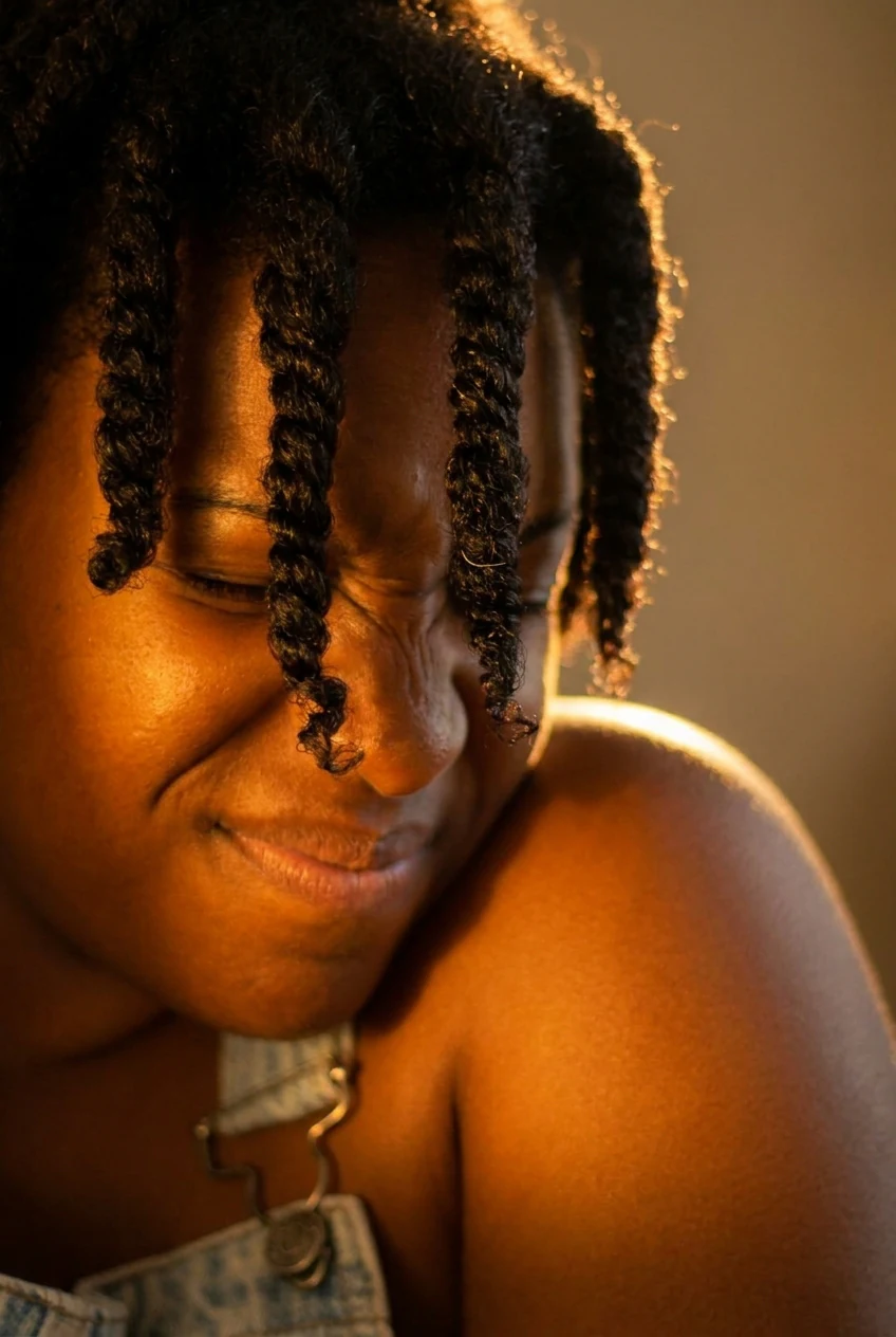 The same portrait relit with warm golden-hour light by the AI photo editor