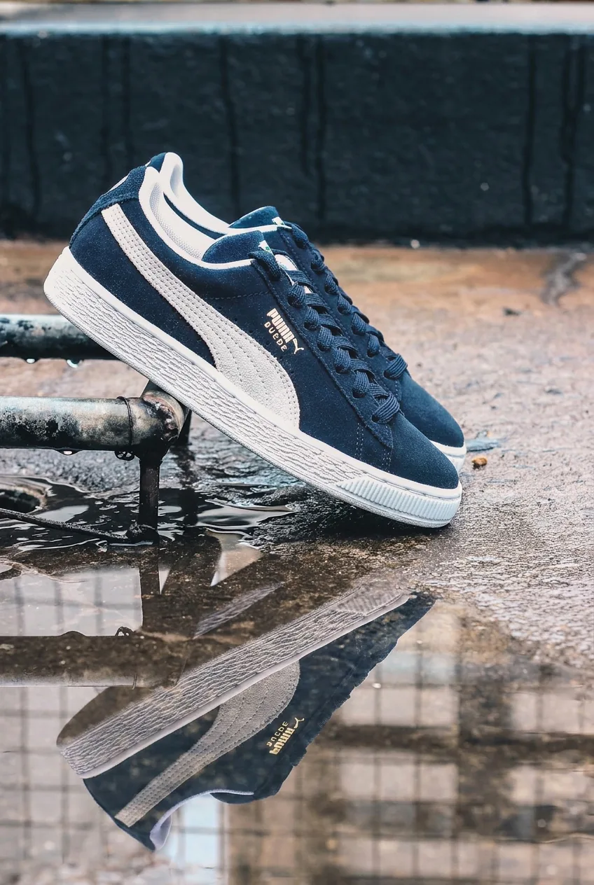 The same sneakers recolored navy blue by the AI photo editor, with the white stripe, sole and reflection unchanged