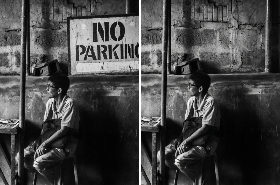 Street photo with a sign behind the subject beside the same photo with the sign removed by the AI photo editor