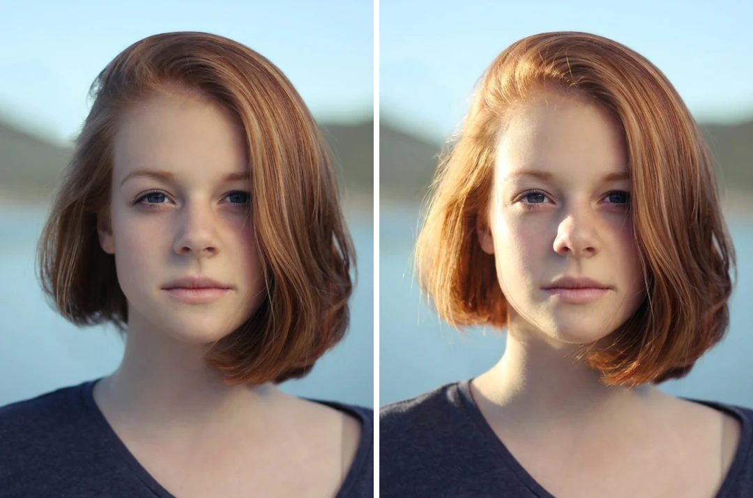 Portrait in flat light beside the same portrait with soft window light after an AI photo edit