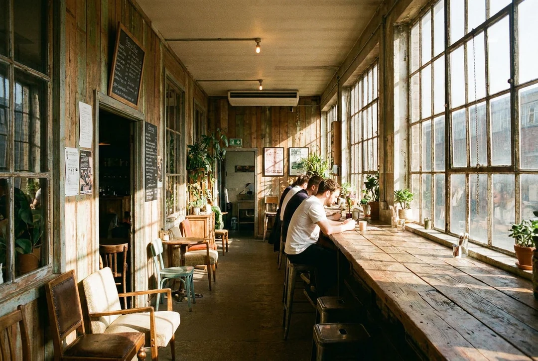 Narrow cafe with warm wood and large windows