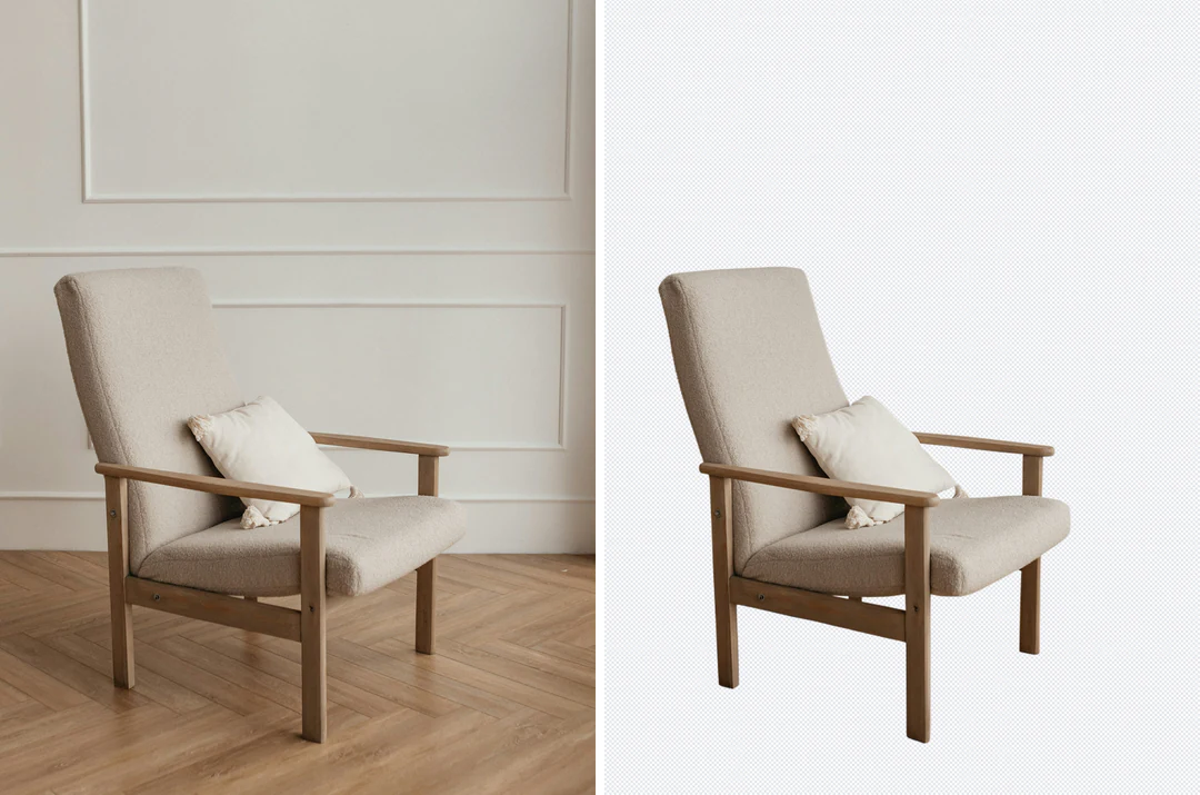 Room photo of a chair next to its transparent PNG cutout