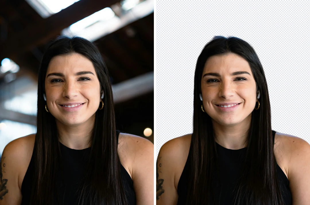 Office portrait beside the same person cut out on a transparent background