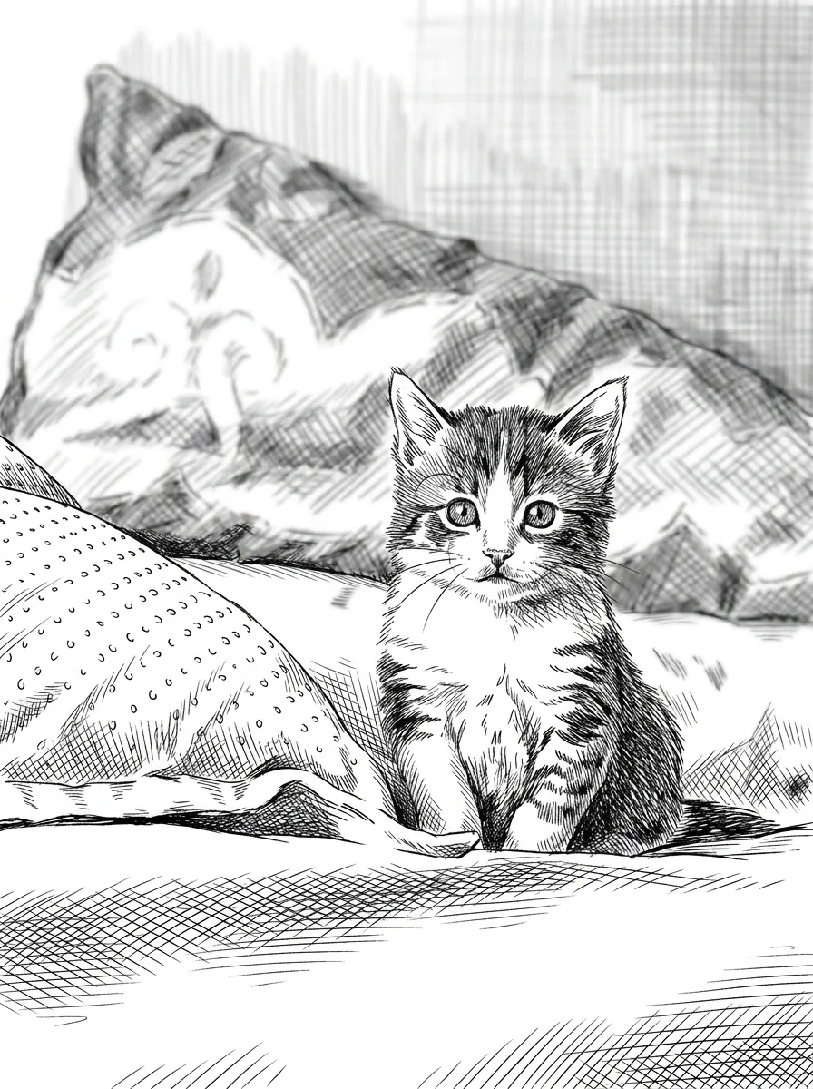 Blækillustration af en kat genereret ud fra et referencefoto