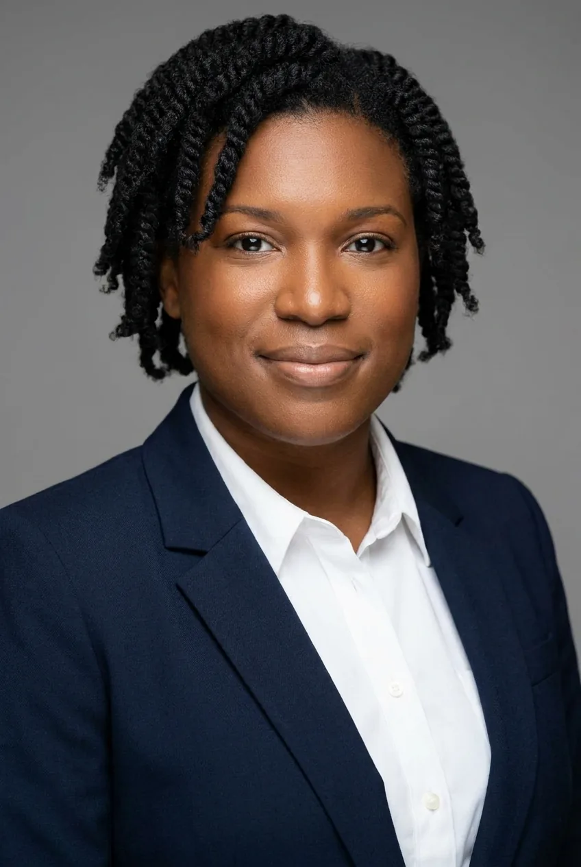 Professional headshot of a woman in a navy blazer on a grey backdrop