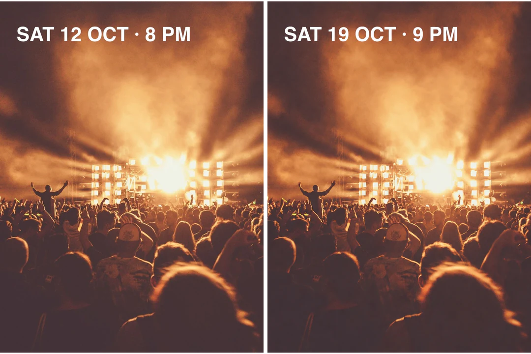 Concert poster beside the same poster with a new date after an AI image edit