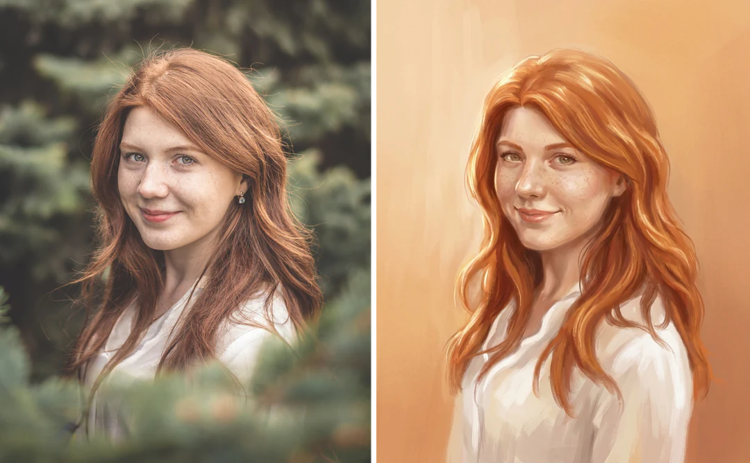 Portrait photo beside a softly lit illustrated version of it
