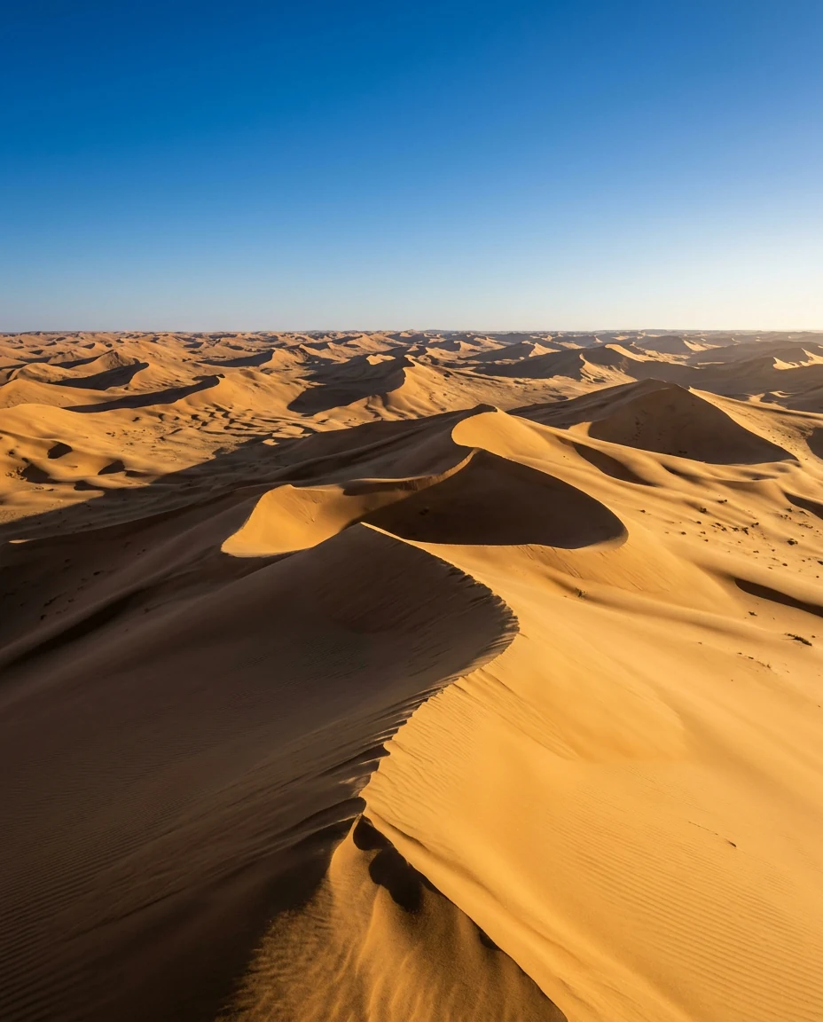 Golden sand dunes with sharp wind-carved ridges under a deep blue sky.