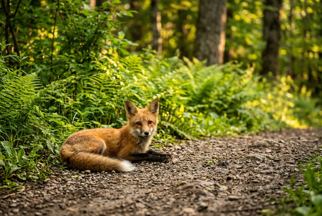 Young red fox lying on a gravel forest path with green ferns behind it in golden light, made with Nano Banana 2