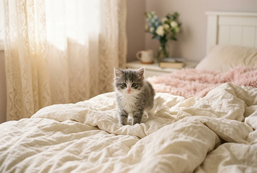 Small grey and white kitten standing on a rumpled cream bed in morning light.
