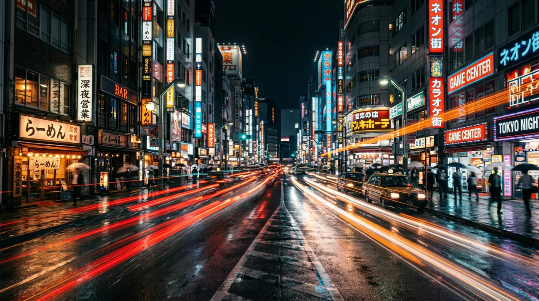 Orange and white headlight trails on a wet city street at night, with neon reflections.
