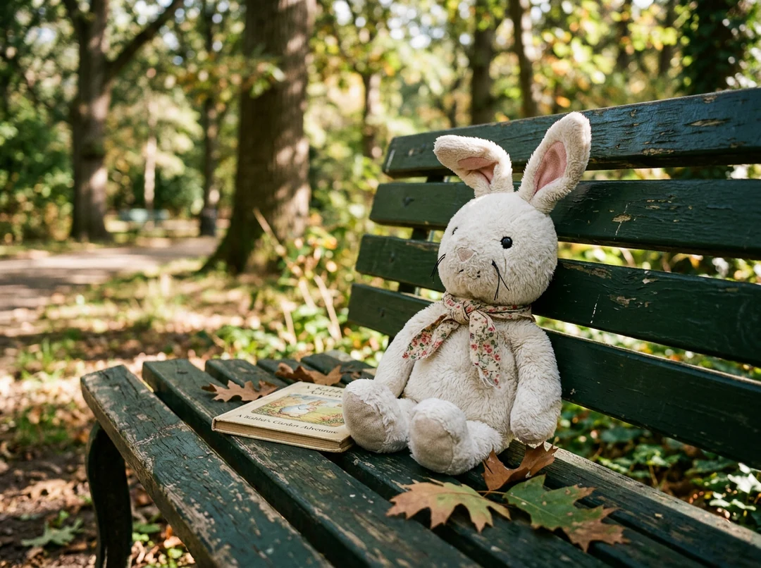 White plush rabbit toy on a dark green park bench in dappled sunlight.