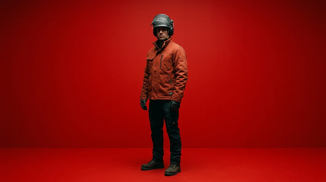 Figure in a rust-red utility jacket and helmet against a saturated red backdrop.