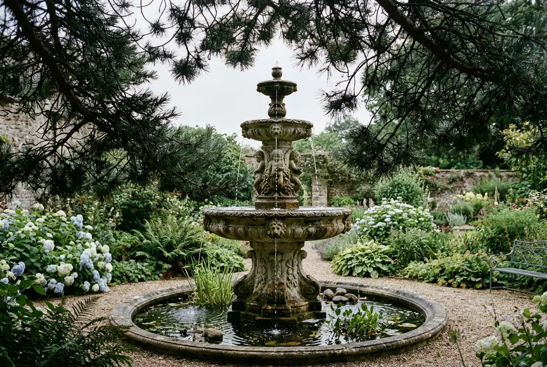 Ornate weathered stone fountain framed by dark pine branches under an overcast sky.