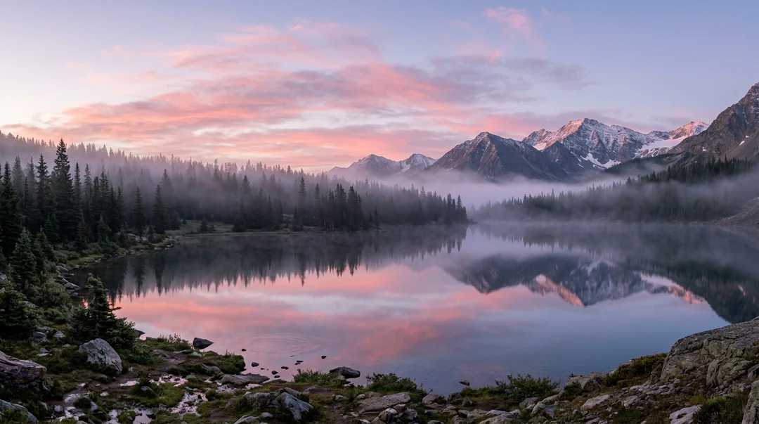 Wide view of a still alpine lake at dawn with pink clouds and a misty pine shoreline