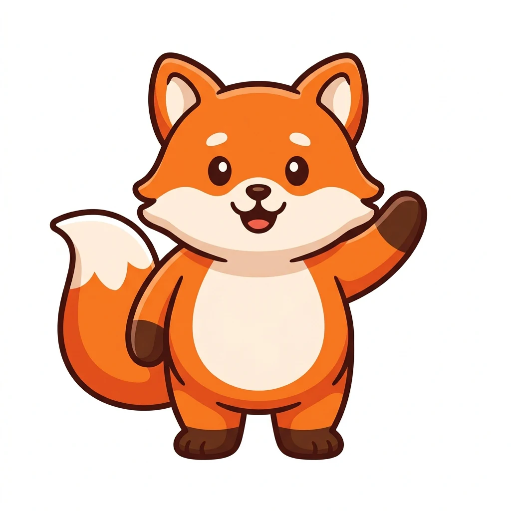 Friendly orange fox mascot waving one paw, drawn in a flat vector style on a white background