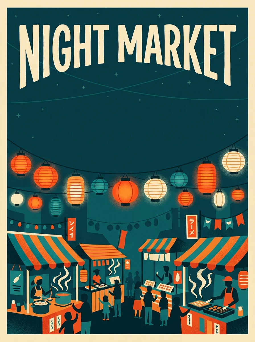 Vertical night market poster with a cream headline above paper lanterns and food stalls in teal and orange