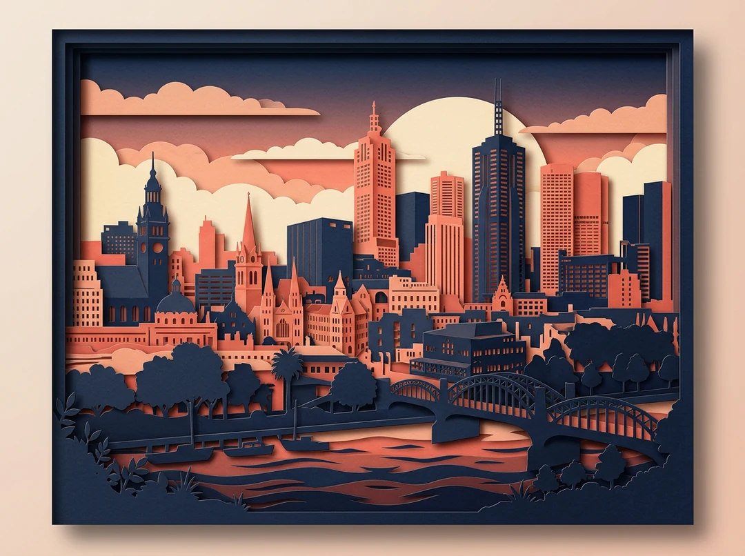 Layered paper-cut city skyline at dusk in navy, coral and cream, shown inside a frame