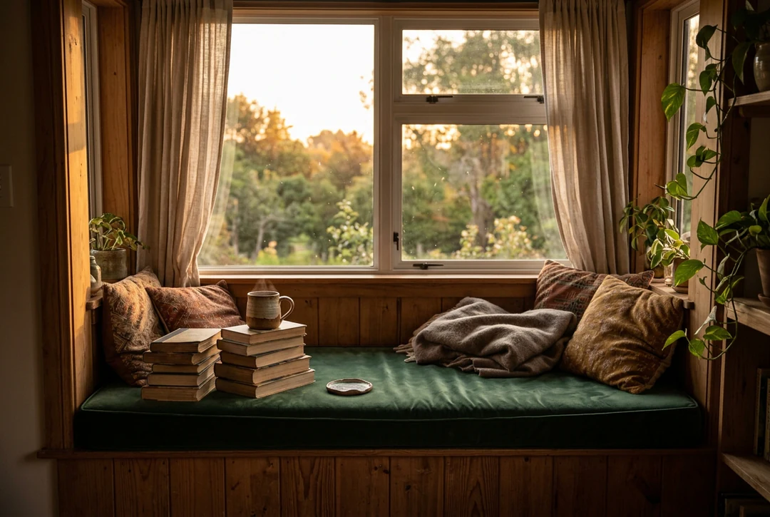Window seat with a green cushion, a stack of books and a mug in warm evening light
