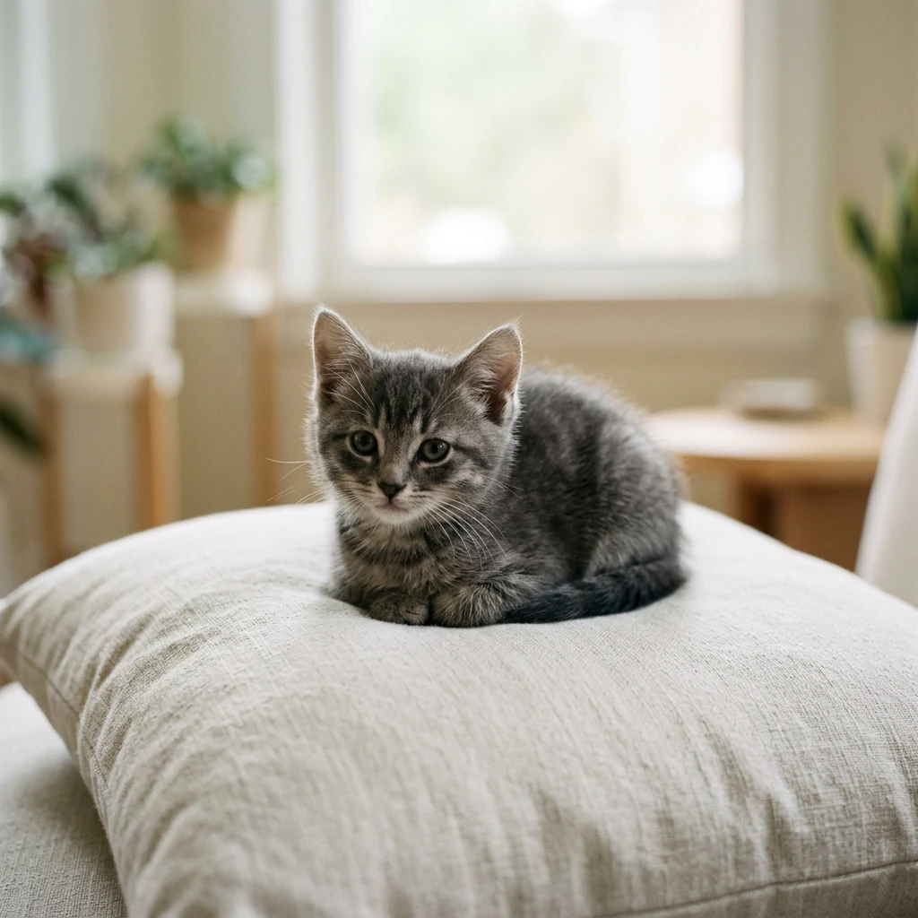 Small grey kitten sitting on a white pillow in soft window light