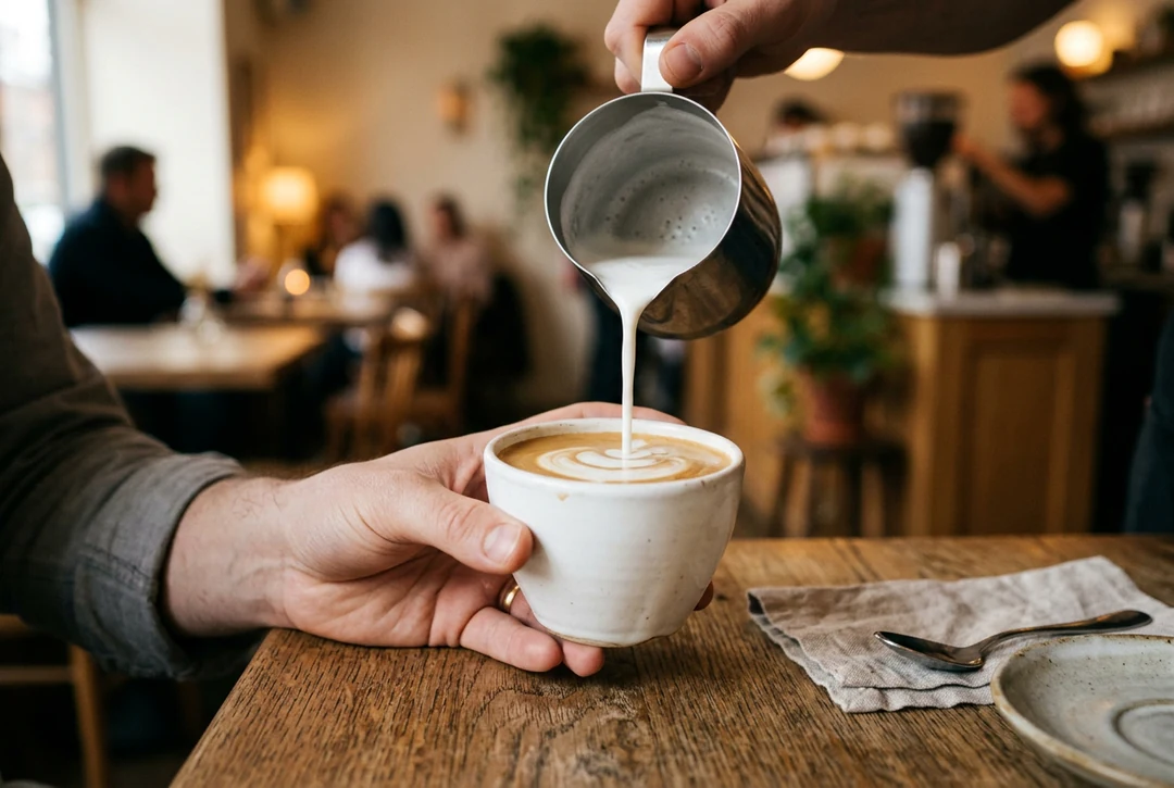 Hand holding a white cup of latte while milk is poured, with a warm blurred cafe behind
