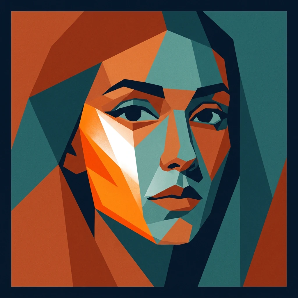 Square picture of a woman's face built from faceted shapes in orange, teal and deep navy
