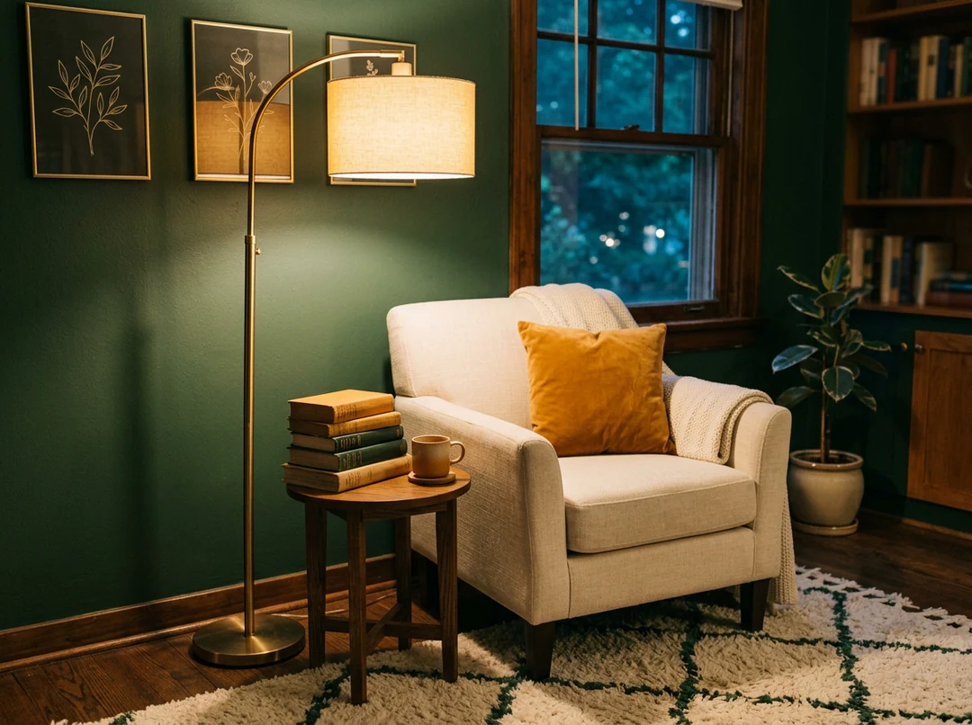 Reading corner with a dark green wall, an armchair, a floor lamp and shelves of books.