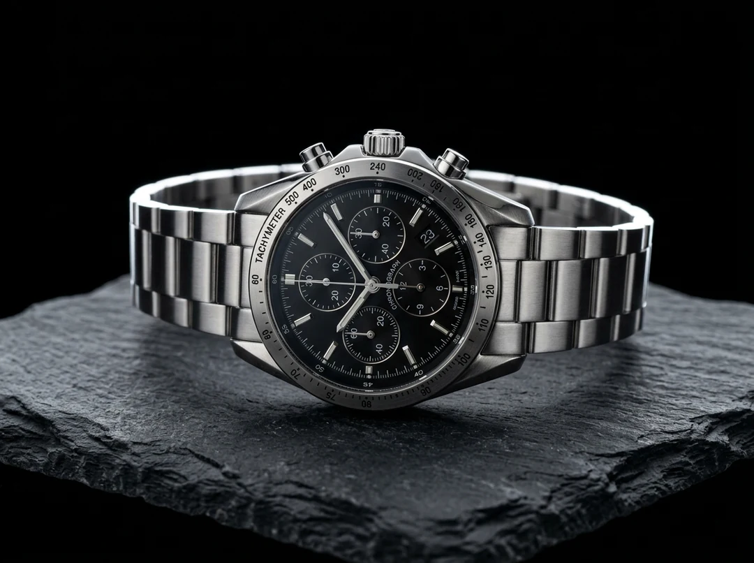 Steel chronograph watch on dark slate, a product subject for a reference brief