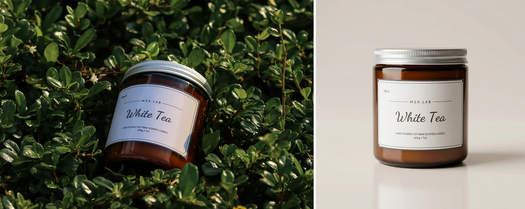 Candle jar studio photo beside the real product photo