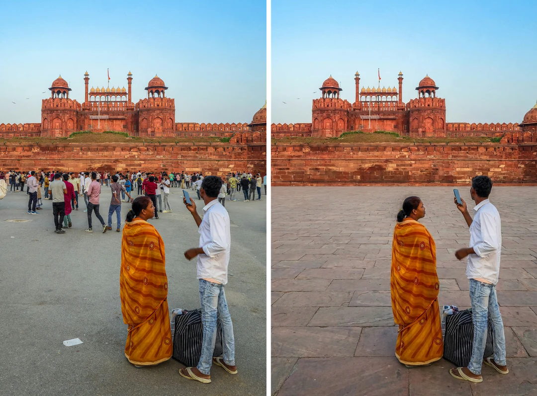 Travel photo of two people at a fort with crowds behind, beside the same photo with the crowd removed