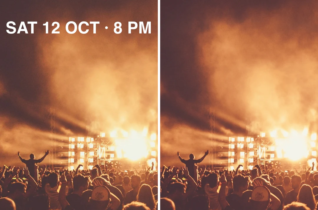 An event poster before and after its date line was erased