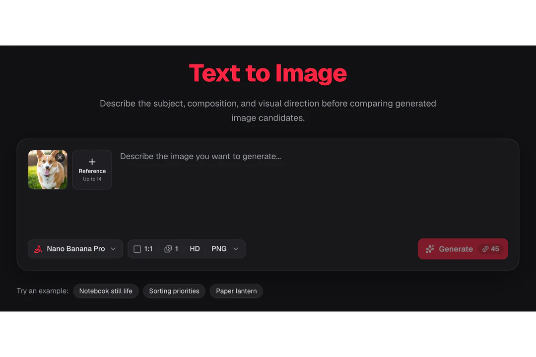 Creation card with an upload slot for reference photos next to the prompt box