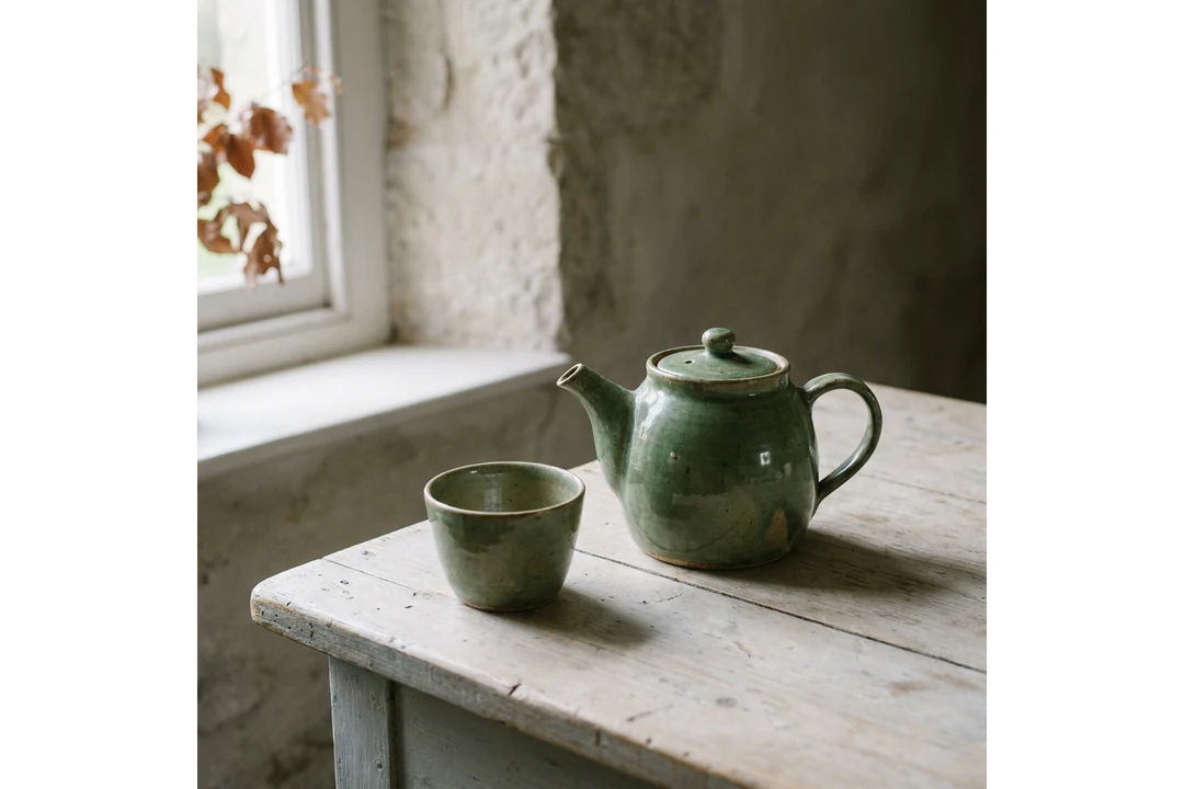 Green teapot beside an empty cup on a pale table, made from a text prompt