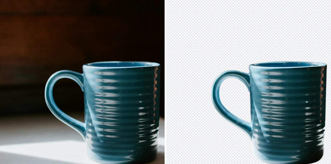 Teal mug on a tabletop beside the same mug as a transparent cutout