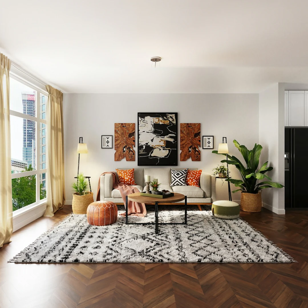 A bright living room with a patterned rug in a square 1:1 frame