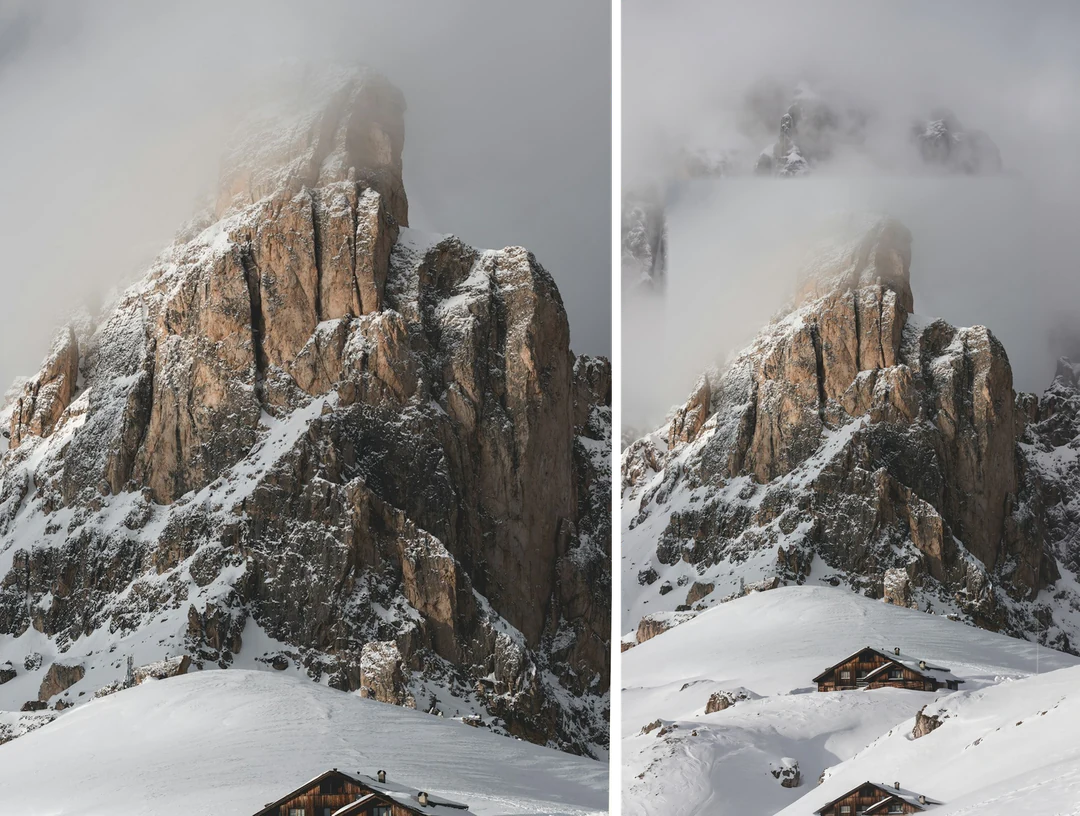 A 3:4 snowy peak photo beside the same peak in a 9:16 frame with more fog above and snow below