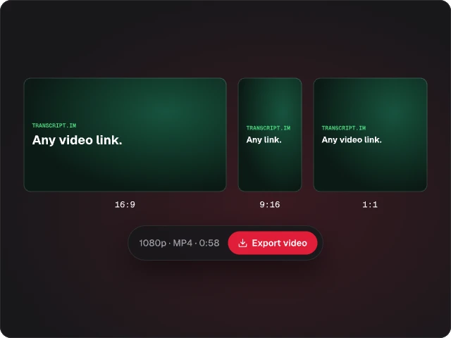 ثلاث معاينات لفيديو واحد بنسب 16:9 و9:16 و1:1 فوق شريط تصدير إلى MP4 بدقة 1080p