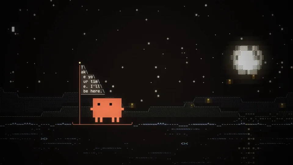 Esempio di Ascii Night Scene Where a Blocky Claude Waits