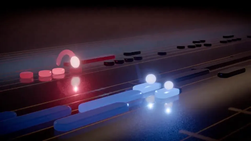 Glowing notes bounce along a 3D piano-roll staff in the dark by transitive_bs